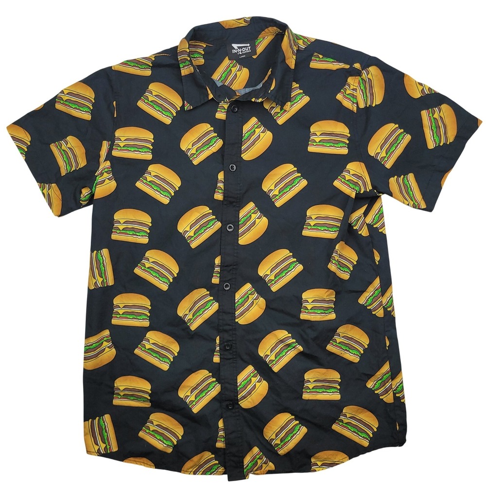 In-N-Out‎ Burger Mens L Black Short Sleeve Button Down Cheeseburger Print Shirt